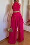 Halterneck Backless Tie Crop Top Wide Leg Pants Set
