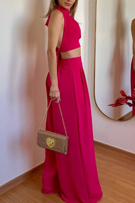 Halterneck Backless Tie Crop Top Wide Leg Pants Set