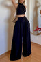 Halterneck Backless Tie Crop Top Wide Leg Pants Set