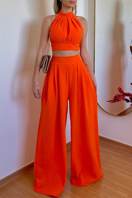 Halterneck Backless Tie Crop Top Wide Leg Pants Set