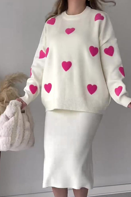 Heart Graphic Sweater Midi Skirt Knit Suits