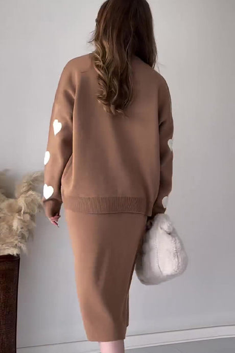 Heart Graphic Sweater Midi Skirt Knit Suits