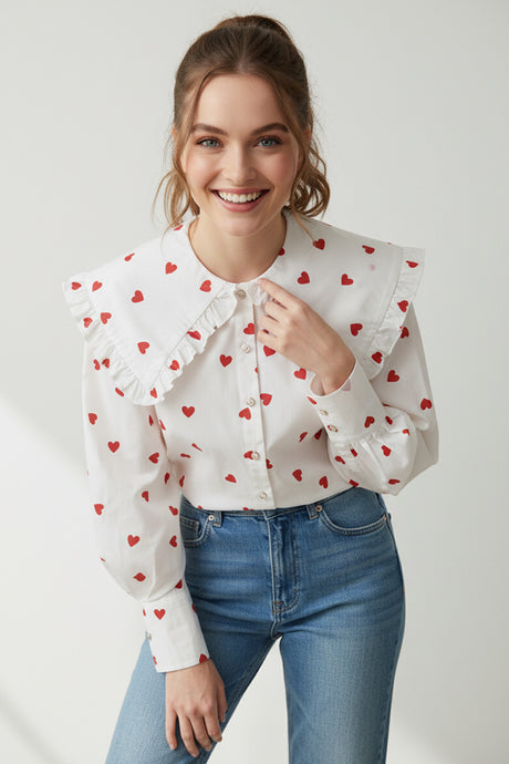Heart Print Balloon Sleeve Doll Collar Blouse