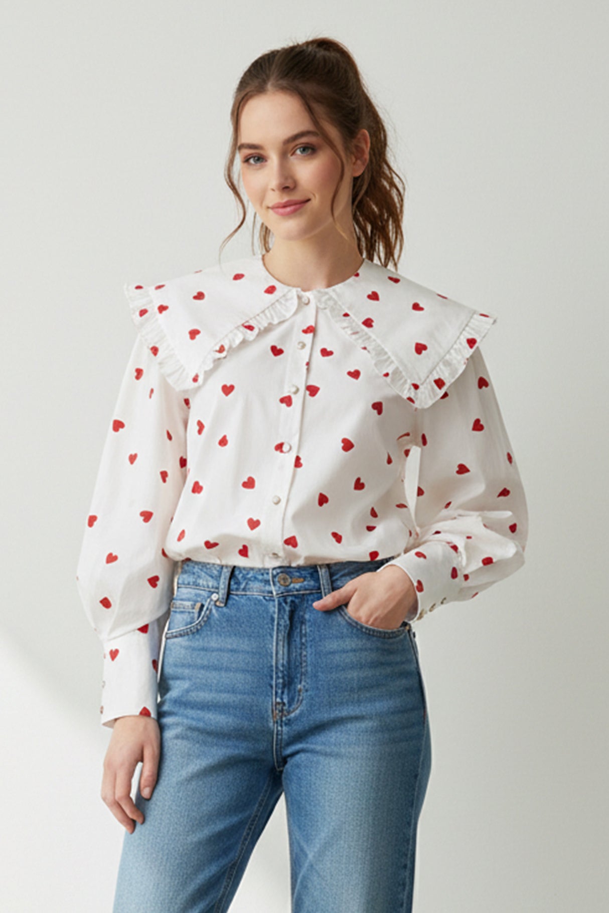 Heart Print Balloon Sleeve Doll Collar Blouse