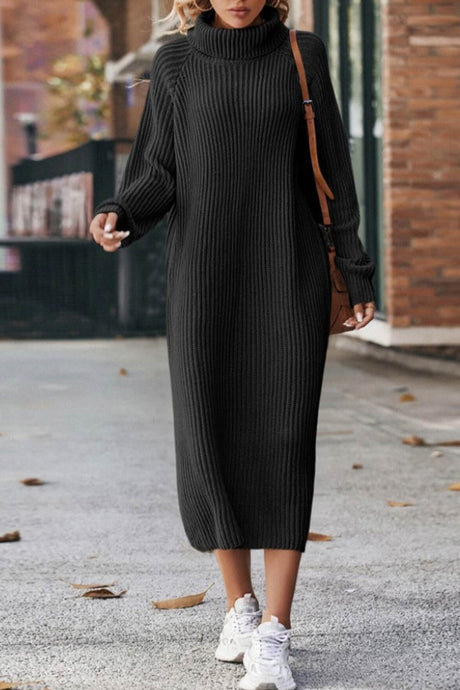 High Neck Ribbed Knit Sweater Dress