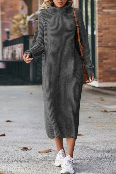 High Neck Ribbed Knit Sweater Dress