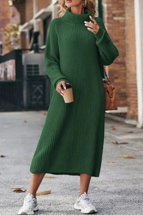 High Neck Ribbed Knit Sweater Dress