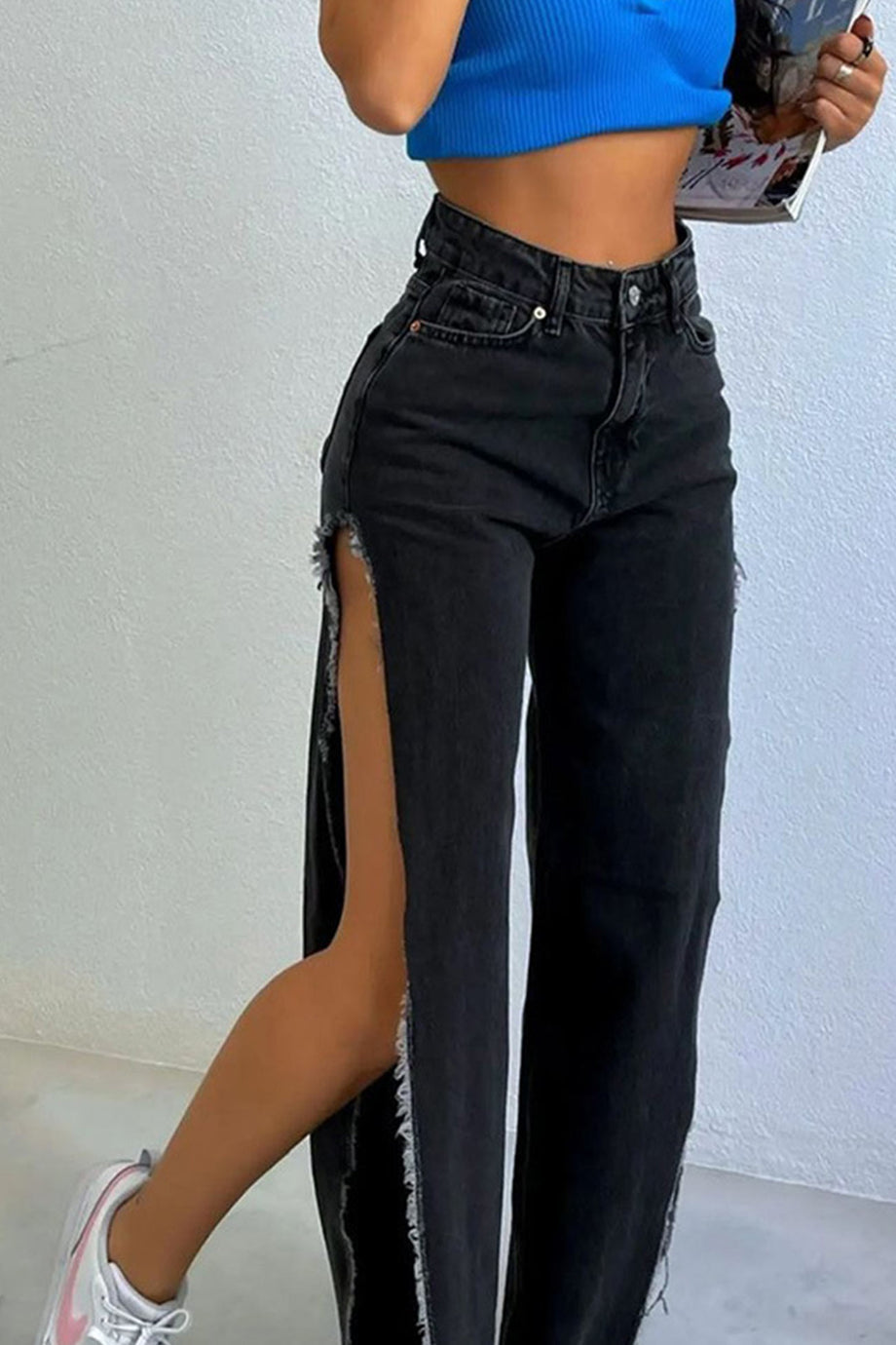 High Waist Solid Color High Slit Jeans – AROLORA