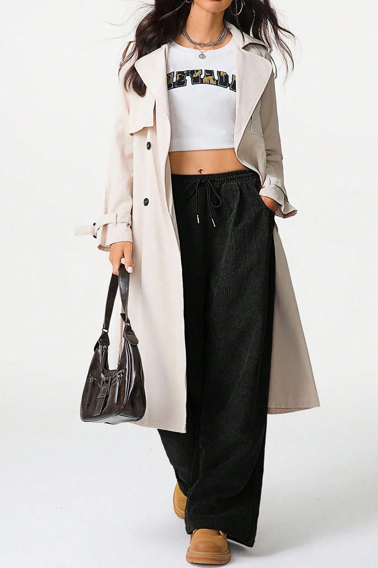 High-rise Drawstring Wide-leg Flannel Pants