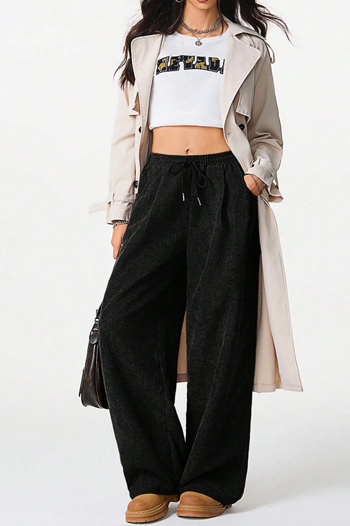 High-rise Drawstring Wide-leg Flannel Pants