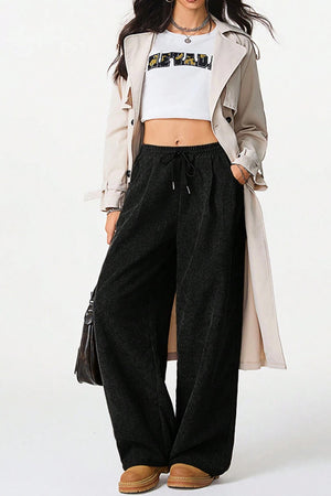 High-rise Drawstring Wide-leg Flannel Pants