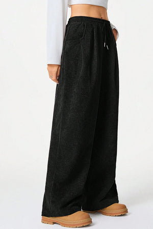 High-rise Drawstring Wide-leg Flannel Pants