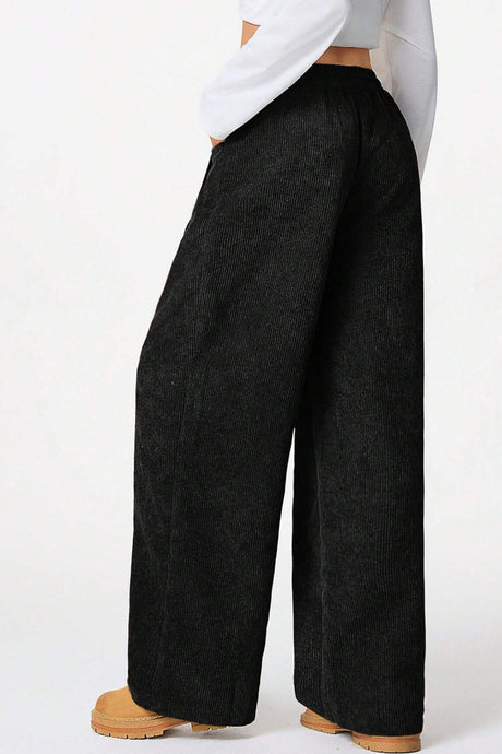 High-rise Drawstring Wide-leg Flannel Pants
