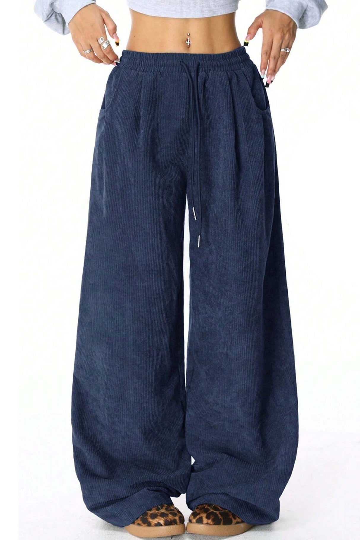 High-rise Drawstring Wide-leg Flannel Pants