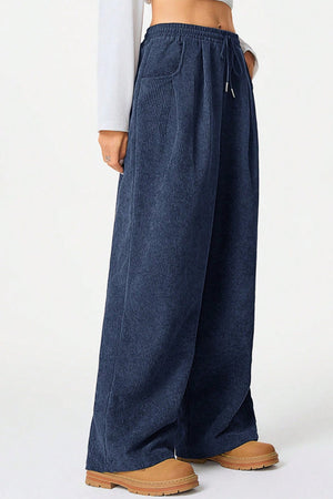 High-rise Drawstring Wide-leg Flannel Pants
