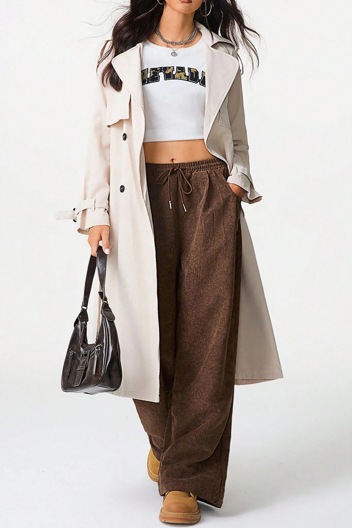 High-rise Drawstring Wide-leg Flannel Pants