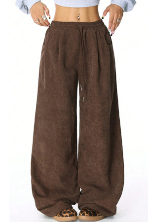 High-rise Drawstring Wide-leg Flannel Pants