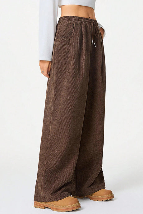 High-rise Drawstring Wide-leg Flannel Pants