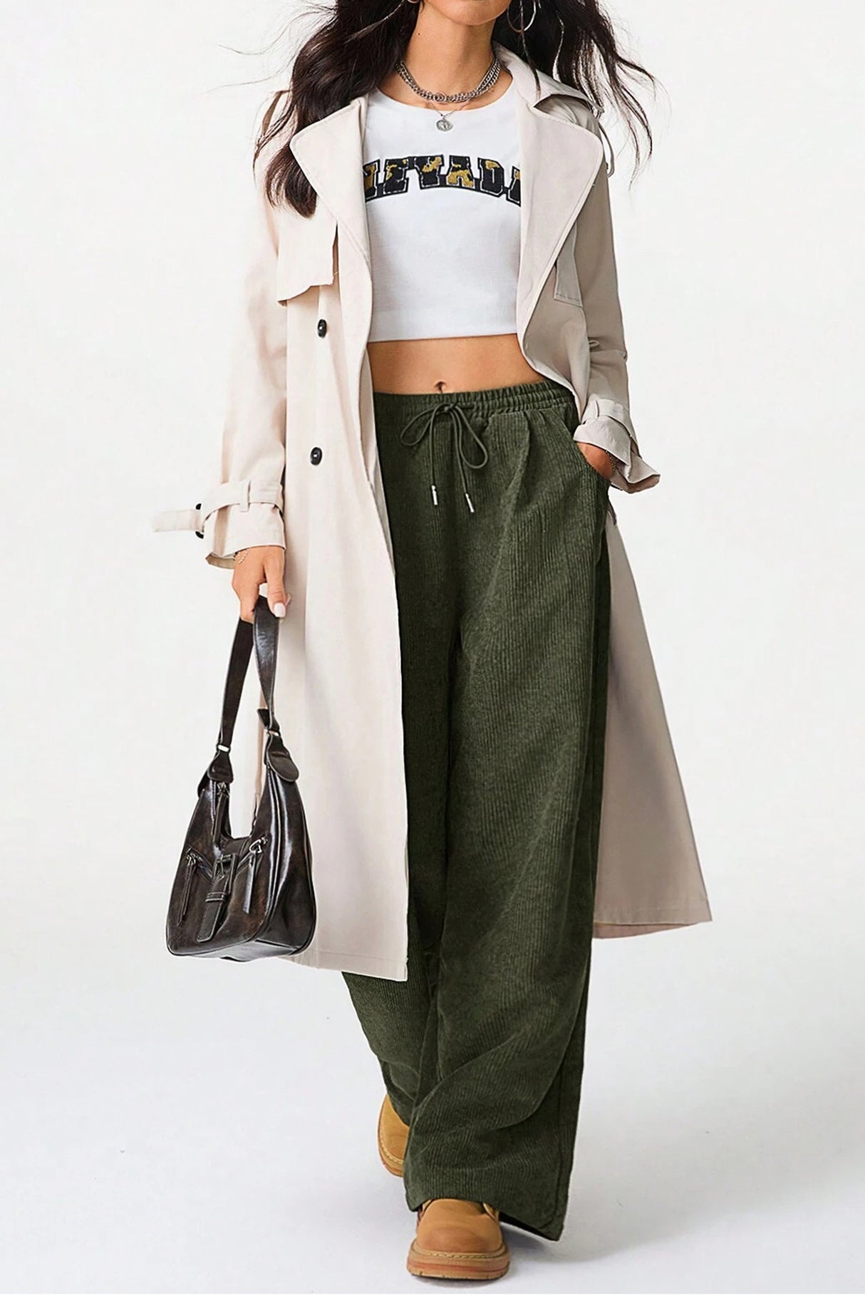 High-rise Drawstring Wide-leg Flannel Pants