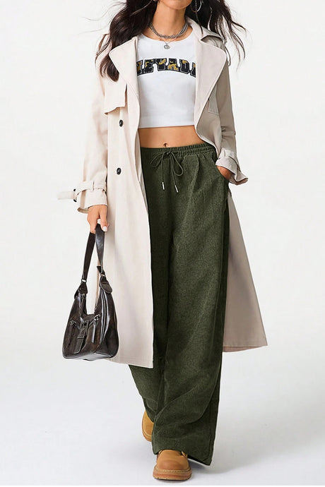 High-rise Drawstring Wide-leg Flannel Pants
