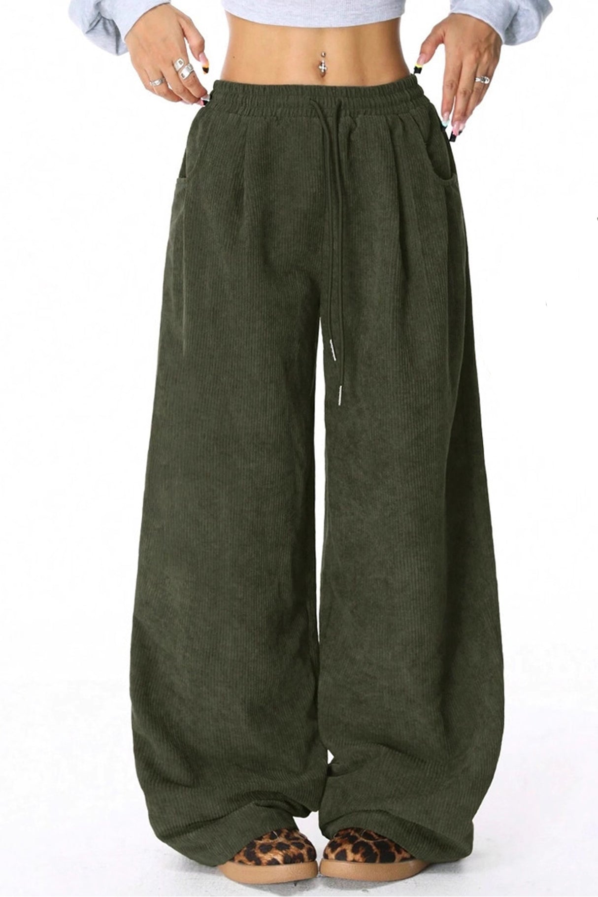 High-rise Drawstring Wide-leg Flannel Pants