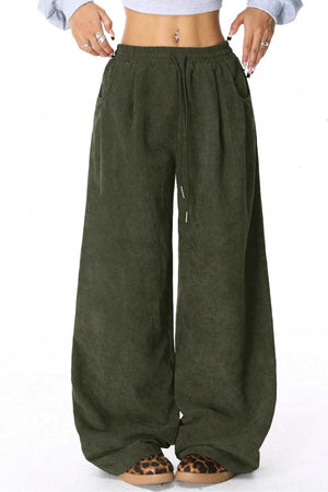 High-rise Drawstring Wide-leg Flannel Pants