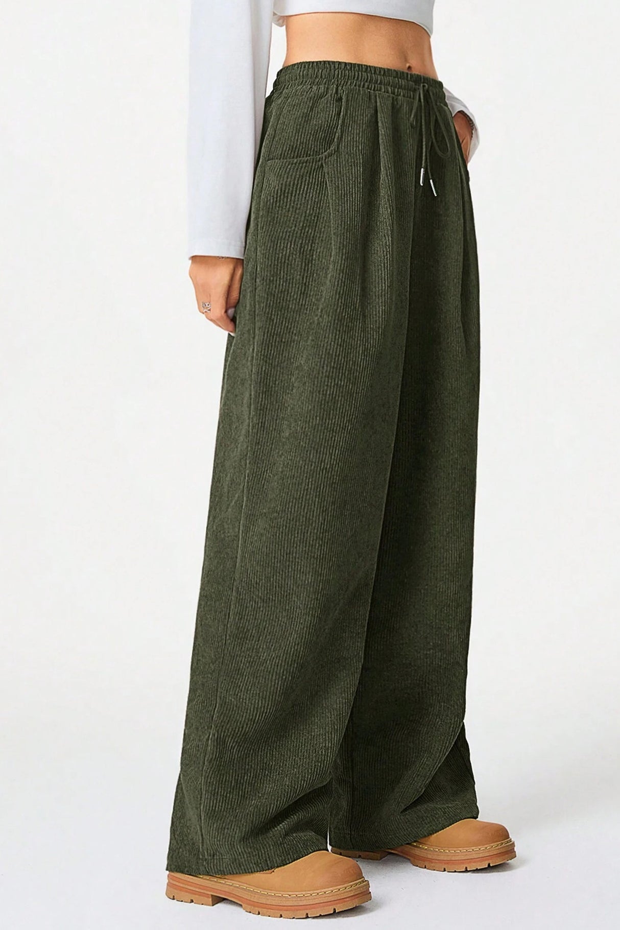 High-rise Drawstring Wide-leg Flannel Pants