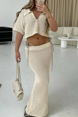 Hollow Out Crochet Blouses Midi Skirt Suits