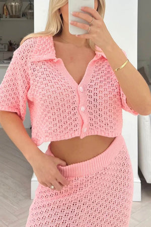 Hollow Out Crochet Blouses Midi Skirt Suits
