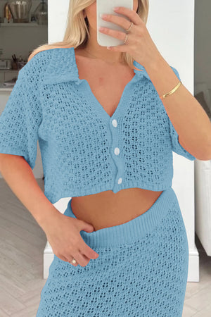 Hollow Out Crochet Blouses Midi Skirt Suits