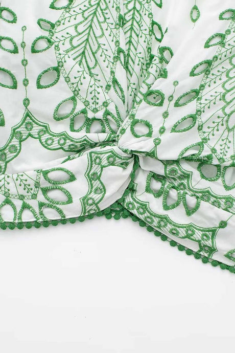 Hollow Embroidery V Neck Twisted Shorts Set