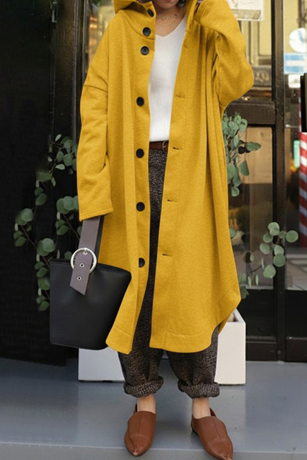 Hooded Pocket Button-up Coat