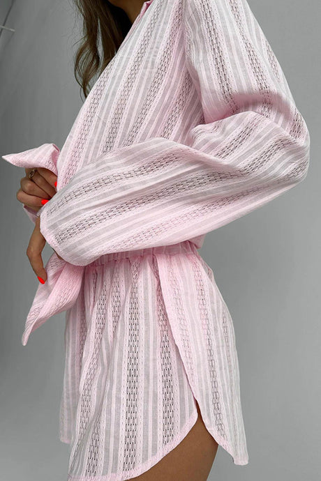 Arolora jacquard-cotton-long-sleeve-shirt-slit-shorts-set