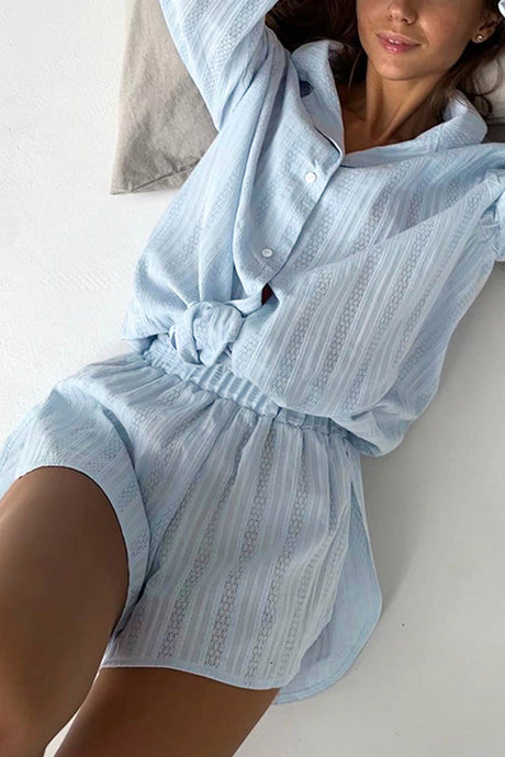 Arolora jacquard-cotton-long-sleeve-shirt-slit-shorts-set