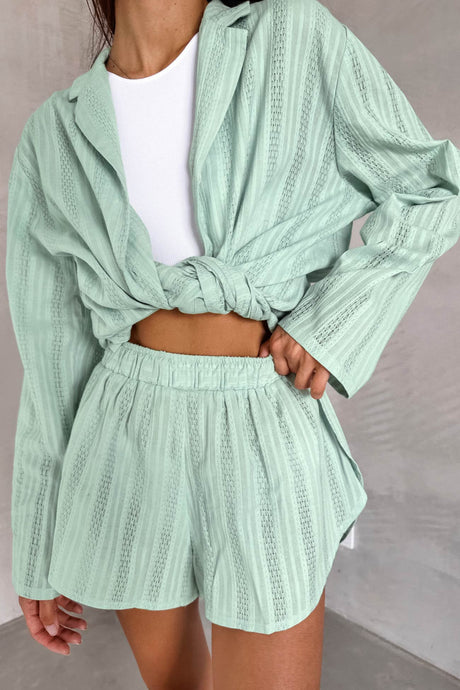 Arolora jacquard-cotton-long-sleeve-shirt-slit-shorts-set