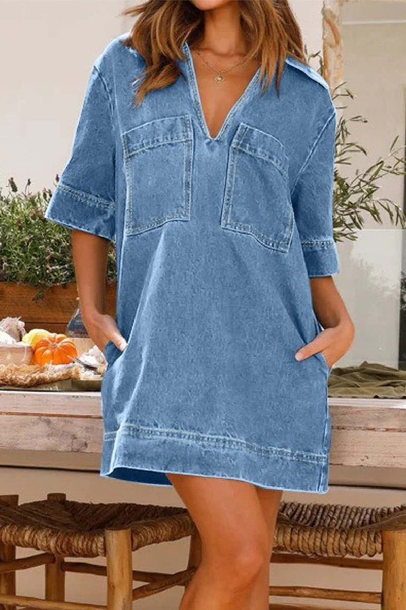 Denim Lapel V Neck Mini Dress – AROLORA