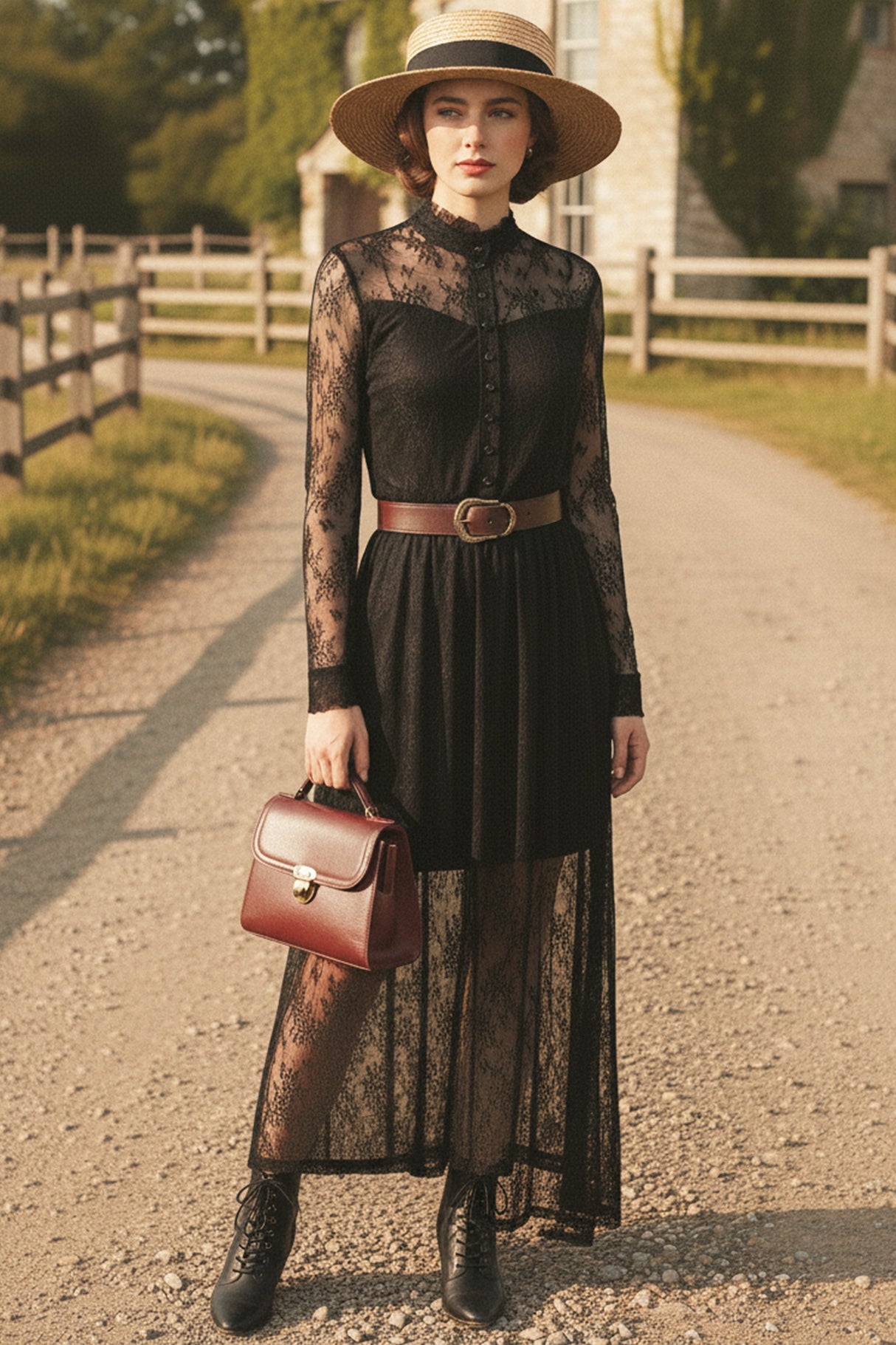 Lace Button-up Long Sleeve Retro Maxi Dress
