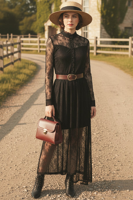 Lace Button-up Long Sleeve Retro Maxi Dress