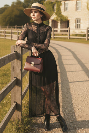 Lace Button-up Long Sleeve Retro Maxi Dress