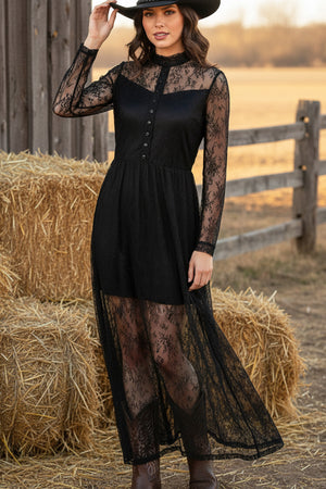 Lace Button-up Long Sleeve Retro Maxi Dress