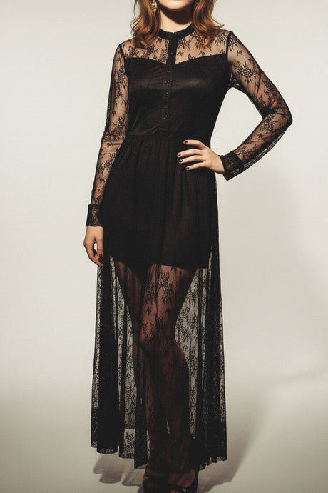 Lace Button-up Long Sleeve Retro Maxi Dress