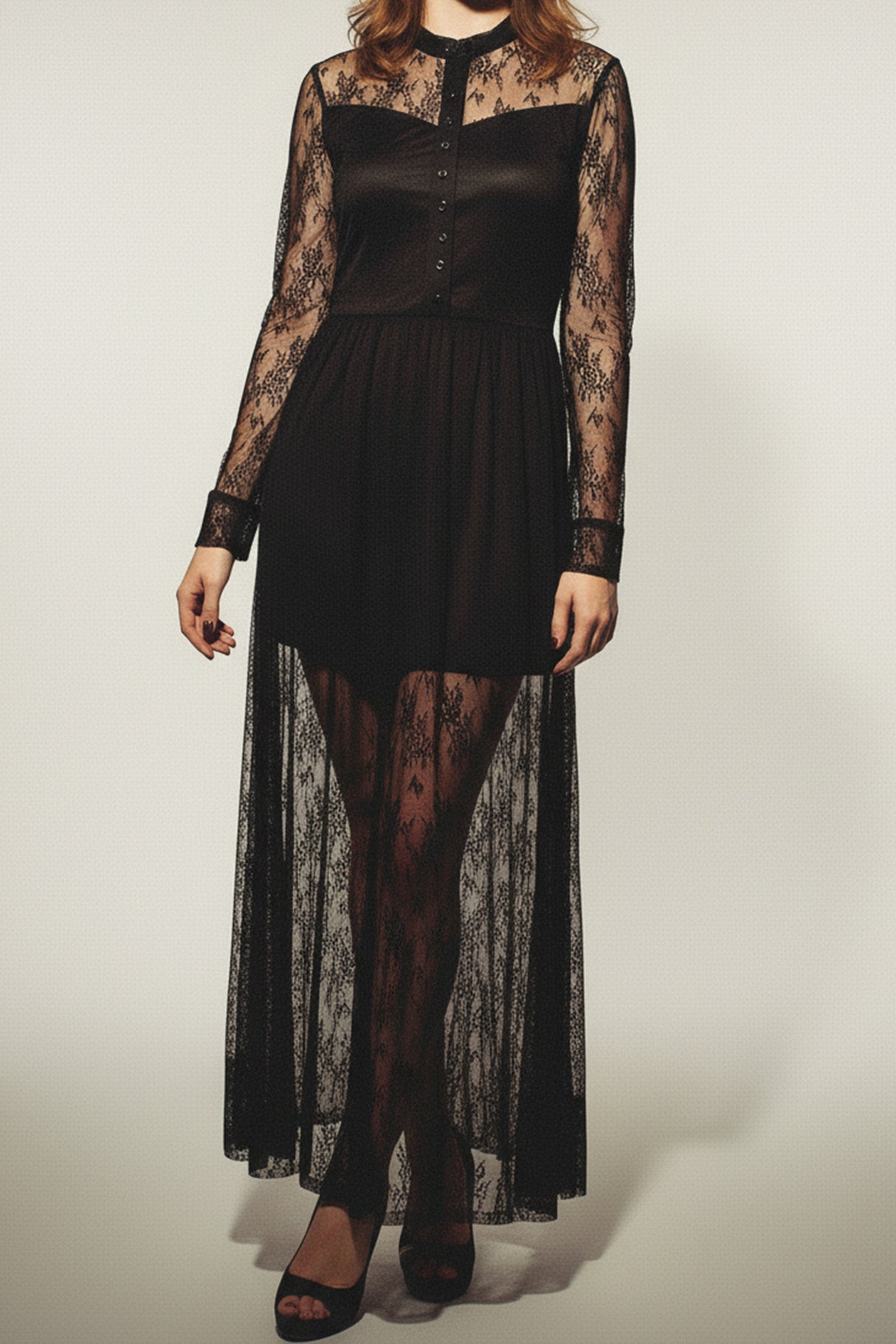 Lace Button-up Long Sleeve Retro Maxi Dress