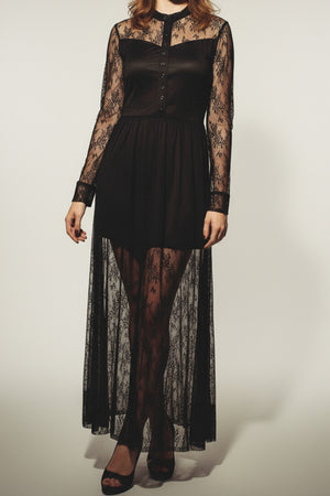 Lace Button-up Long Sleeve Retro Maxi Dress