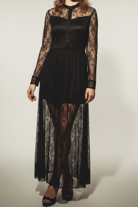 Lace Button-up Long Sleeve Retro Maxi Dress