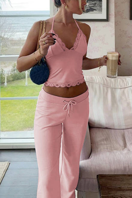 Lace Halterneck Vest Flares Long Pants Suits