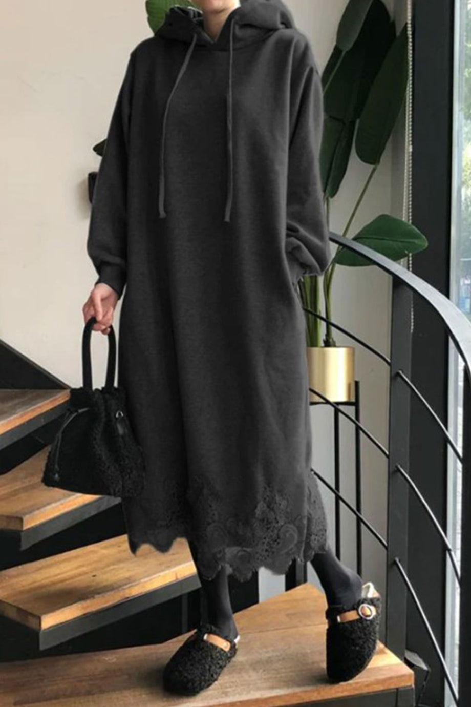 IetpShops Australia - Black 'M - lace-trim hoodie dress