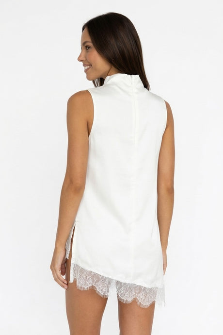 Lace High-Neck Asymmetrical Satin Tank Tops