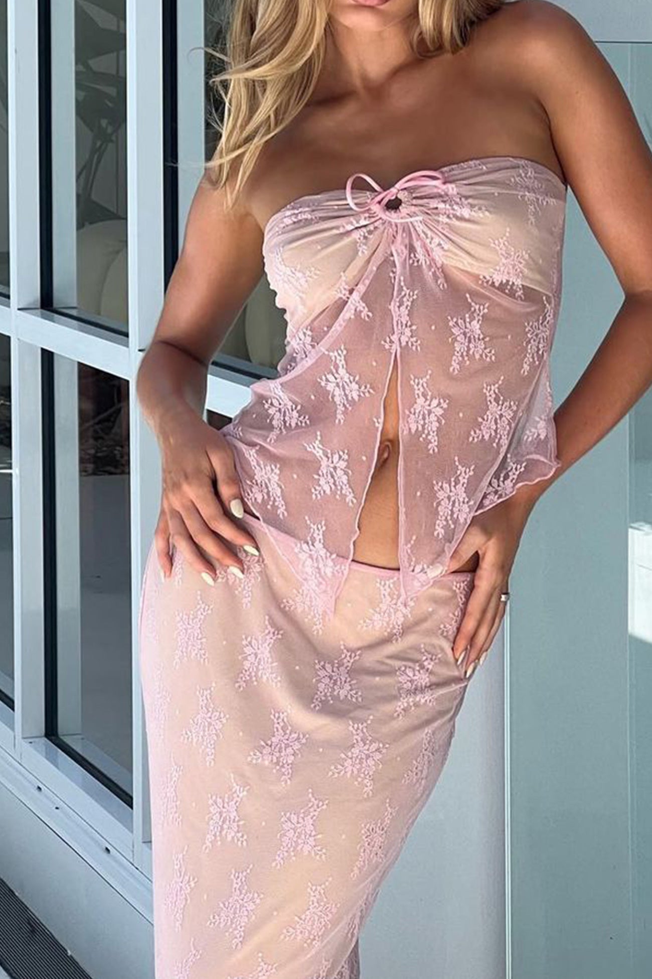 Lace Hollow Out Strapless Tops Midi Skirt Suits