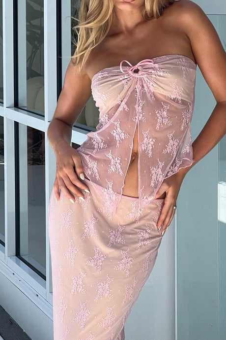 Lace Hollow Out Strapless Tops Midi Skirt Suits