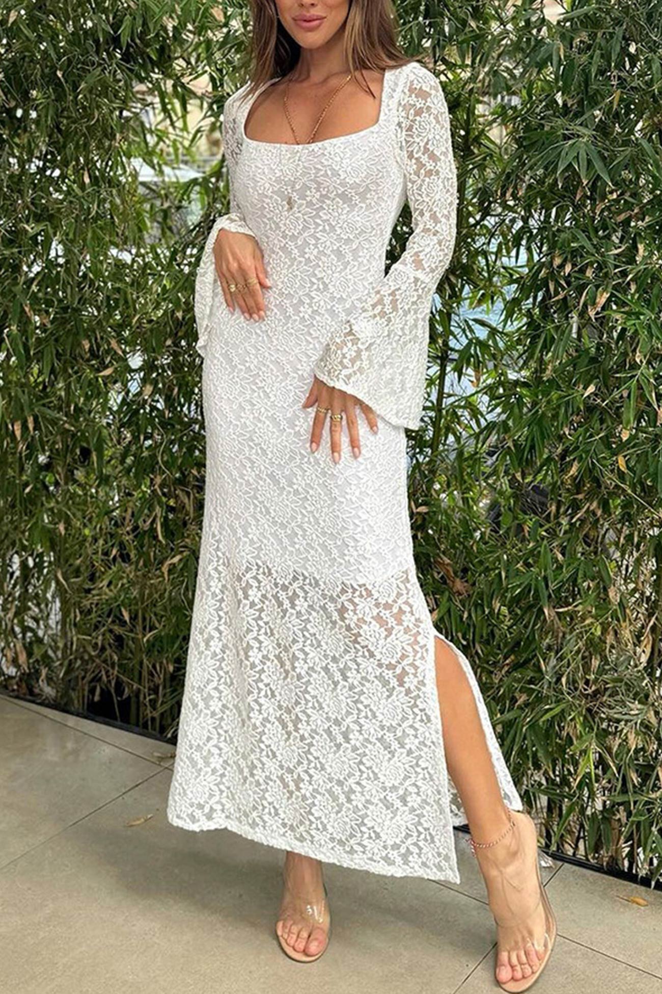 Lace Long Flare Sleeve Slit Dress – AROLORA